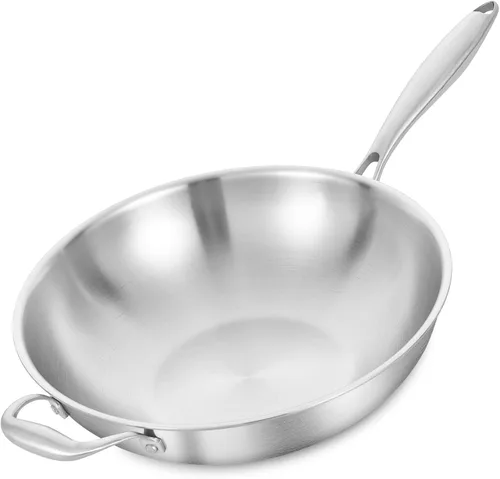 Vista 9 de LOLYKITCH Wok de acero inoxidable de 10 pulgadas con tapa de vidrio Mango