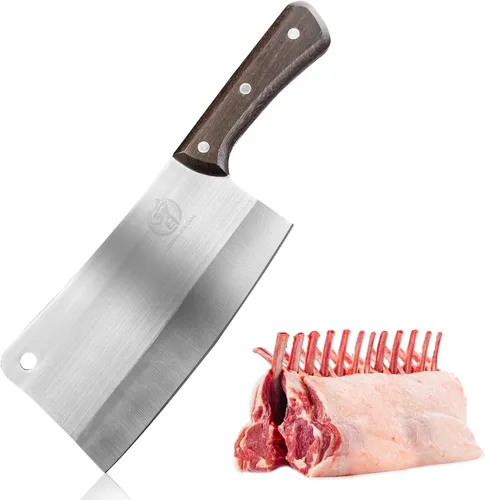 Vista 6 de Cuchillo de carnicero resistente de 7 pulgadas, cuchillo de carnicero para cortar huesos, acero inoxidable alemán de alto carbono, mango de madera