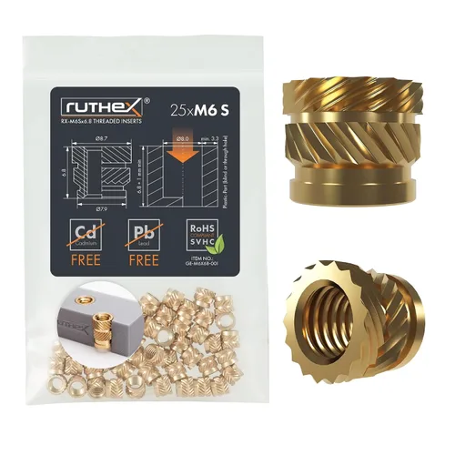 Vista 29 de Ruthex 1/4" Insertos Roscados Cortos - 20 Piezas RX-1/4“-20x6.4 Inserto de Ajuste Térmico de Latón para Partes de Plástico - Pulgadas Tuercas