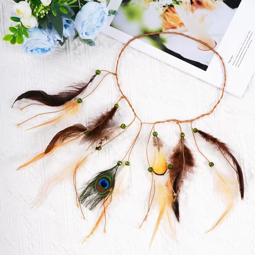 Vista 4 de Diadema de plumas indias, disfraz tribal nativo americano, vestido con plumas para mujeres y niñas