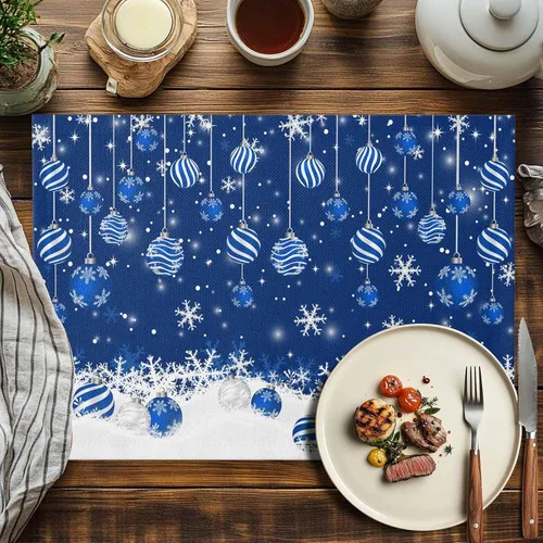 Vista 4 de Juego de 6 manteles individuales de mesa de Navidad, manteles individuales de algodón y lino antideslizantes lavables, bolas de Navidad, copos