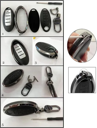 Vista 4 de ontto Funda para llave de coche para llavero Nissan, funda de 5 botones con llavero de cuero Keychian, carcasa de metal para Livina NV200 Tiida Negro