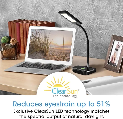 Vista 3 de Ottlite ClearSun - Lámpara LED de escritorio con carga inalámbrica, 3 modos de temperatura de color, cuello de cisne flexible, lámpara de tareas