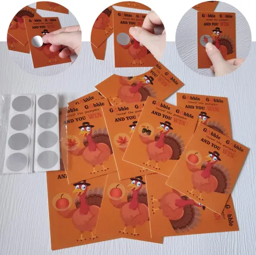 Vista 7 de 35 tarjetas de juego para raspar el día de Acción de Gracias, Turquía, otoño, festival, actividades de celebración, 5 ganadores, tarjetas de juego