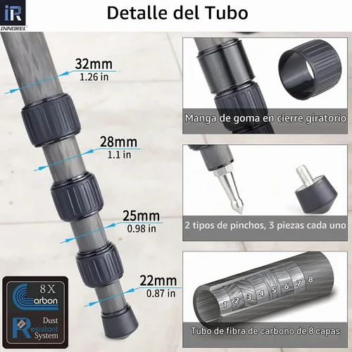 Vista 3 de Trípode de Fibra de Carbono RT80C Profesional para Observación de Aves de Alta Resistencia Cámara de 20kg de Carga Máxima Trípode de Cuenco