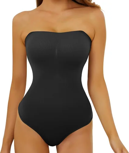 Vista 8 de Body sin tirantes para mujer, traje de tanga con control de abdomen Beige