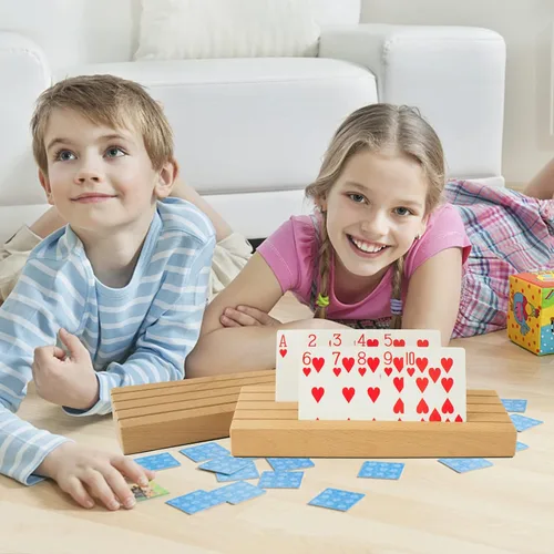 Vista 5 de VINJOE Paquete de 2 soportes de madera para naipes organizadores para niños y adultos mayores, soportes para cartas de madera de haya maciza