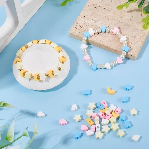 Vista 2 de 200 cuentas de arcilla polimérica de caramelo, luna, estrella, nube, cuentas espaciadoras sueltas para bricolaje, pulseras de amistad, collares