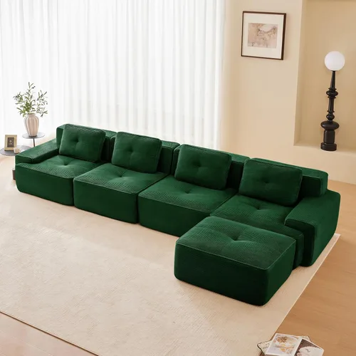 Vista 60 de Sofá moderno comprimido sin armazón de 116", sofás seccionales de 3 plazas para sala de estar, sofá seccional modular de pana verde nube, espuma