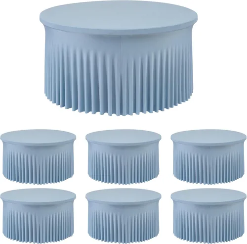 Vista 20 de Paquete de 6 manteles redondos de elastano azul bebé para mesa de 60 pulgadas, manteles elásticos de 120 pulgadas ajustables de 5 pies, manteles