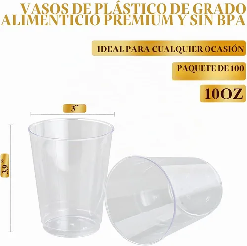 Vista 2 de FOCUSLINE Vasos de plástico transparente de 10 onzas, vasos desechables de plástico duro, reutilizables, 100 unidades Vasos desechables