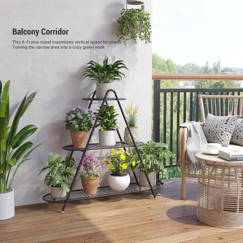 Vista 6 de Soporte de 3 niveles para plantas, estante de metal para plantas, resistente para interiores y exteriores, estante para múltiples macetas