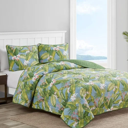 Vista 8 de Tommy Bahama Juego de edredón reversible de algodón con fundas a juego, decoración ligera del hogar para todas las estaciones, Queen, verde/azul