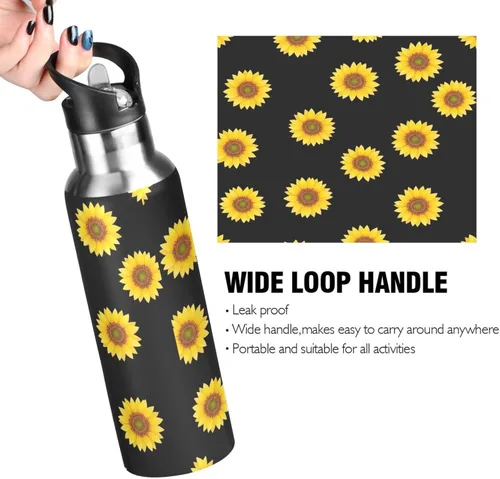 Vista 4 de Stainless Steel Vacuum Insulated Water Bottle 32 Oz, BPA-Free Sports Water Bottle for Gym Outdoor Travel School, Yellow Sunflowers Black