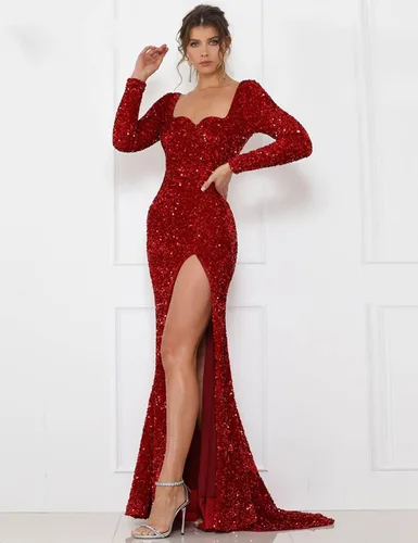 Vista 7 de Vestidos de fiesta de manga larga con lentejuelas para mujer, vestido de fiesta formal brillante con abertura de sirena, vestido largo