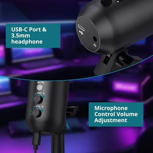 Vista 5 de Micrófono de condensador USB con soporte de luces RGB para PC, PS4, PS5 Micrófono dinámico para juegos, cancelación de ruido, control de ganancia