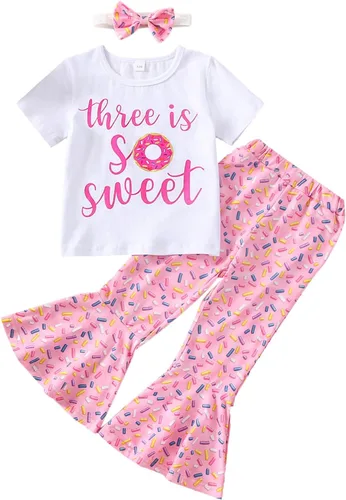 Vista 25 de Conjunto de ropa de cumpleaños para bebé niña pequeña, camiseta de manga larga, pantalones de campana, diadema