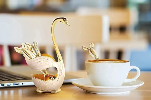 Vista 2 de Flylin Juego de cucharas de postre de café, soporte con base de cisne con 6 cucharas de helado, cucharaditas de café, postre y azúcar, cubiertos