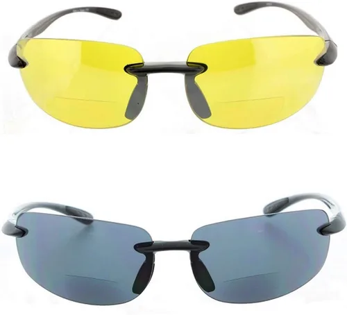 Vista 7 de 2 pares de lentes de sol bifocales sin montura para hombres y mujeres, lentes de sol para conducción nocturna, color amarillo y ahumado