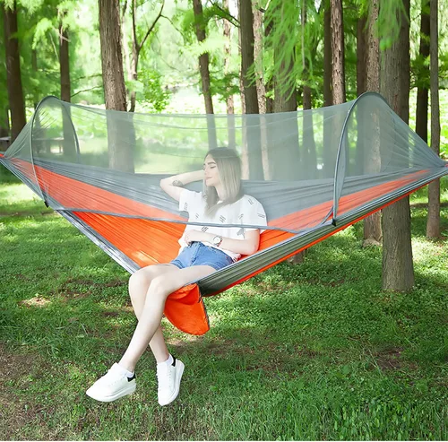 Vista 12 de LFL Hamaca de camping con mosquitero, hamacas con correas de árbol de 13 pies y mosquetones, hamaca portátil automática de apertura rápida para Negro