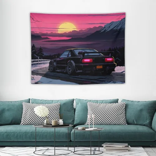 Vista 3 de QEOPGNE Tapiz de pared grande Jdm Anime Sunset Japanese Car S13, tapiz de pared para dormitorio, sala de estar, decoración estética, tapices de 30 x