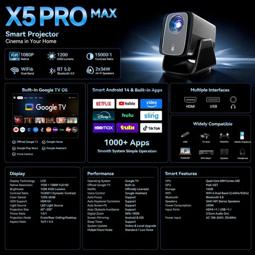 Vista 11 de 1200 ANSI Google TV-Licensed Projector, 4K/8K Input Support, Dual 36W Dolby