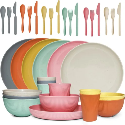 Vista 10 de Juego de vajilla de paja de trigo -DAPIPIK 42 piezas de vajilla irrompible para 6, juego de platos y cuencos para la cocina, juego de platos, tazas