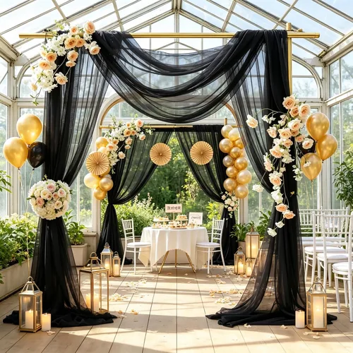 Vista 4 de Cortinas de telón de fondo transparentes para arco de boda de 28 pulgadas x 19 pies Negro