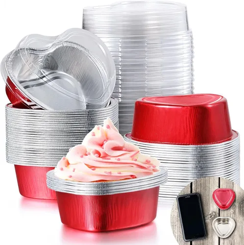 Vista 3 de Patelai 80 juegos de moldes para pasteles en forma de corazón con tapas, mini sartén de papel de aluminio de 1.9 fl oz/1.86 onzas líquidas/1.86