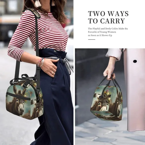 Vista 7 de Bolsa de almuerzo con estampado de animales de burro para mujeres y hombres, reutilizable, aislada, impermeable, bolsa enfriadora para picnic