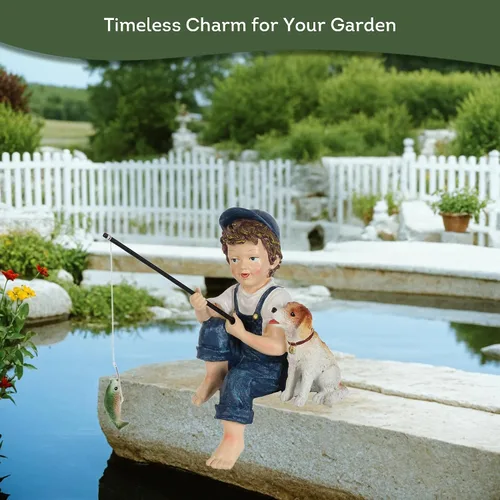 Vista 3 de Lily's Home Estatua de perro y niño de pesca de 11 pulgadas – Decoración de jardín de resina para exteriores – Decoración para exteriores y jardín
