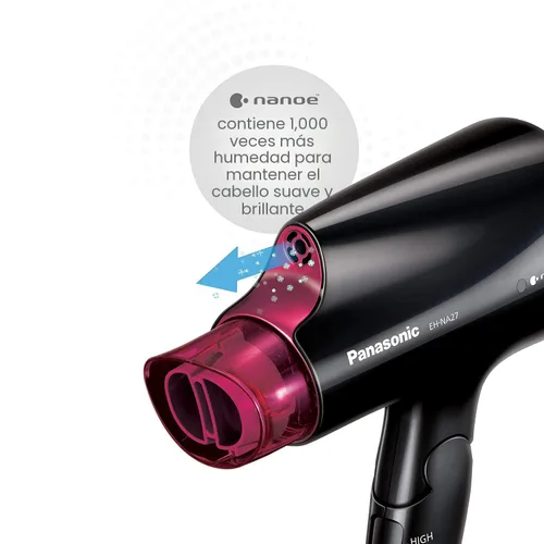 Vista 3 de Secador de Cabello Compacto Panasonic nanoe para Cabello de Aspecto Saludable, 1400W Portátil, Mango Plegable y Boquilla QuickDry para Secado Rápido