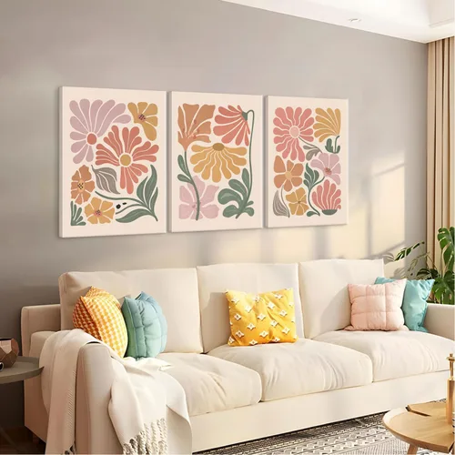 Vista 3 de TBKHUDBI Lienzo de flores bohemias para pared, impresiones florales abstractas, juego de 3 pósteres minimalistas de pintura botánica, mercado