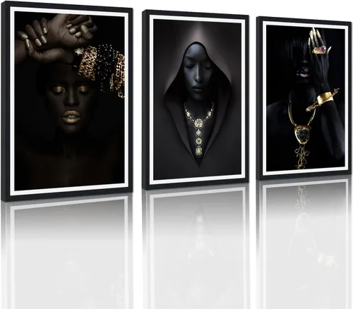 Vista 17 de MAMAGO Lienzo decorativo para pared, pintura de belleza dorada y negra, fotos de mujeres africanas, hermosos pósteres de mujer negra, impresiones