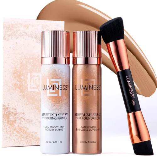 Vista 24 de LUMINESS Silk Airbrush Spray Foundation Kit de 3 piezas – base, prebase y brocha de maquillaje en ángulo de doble cara – Cobertura modulable