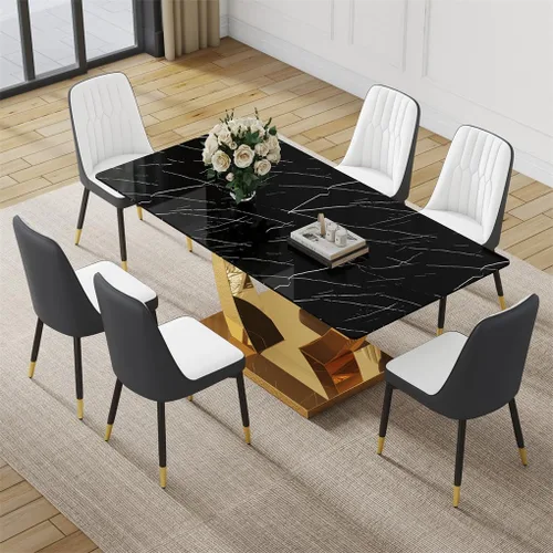 Vista 14 de Juego de mesa de comedor negra para 4, 63 x 35.4 x 30 pulgadas, mesa de comedor moderna rectangular con patas y base de acero inoxidable, sillas