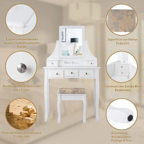 Vista 5 de CHARMAID Juego de tocador de maquillaje con espejo y taburete acolchado, tocador con 5 cajones y organizadores de almacenamiento extraíbles, mesa
