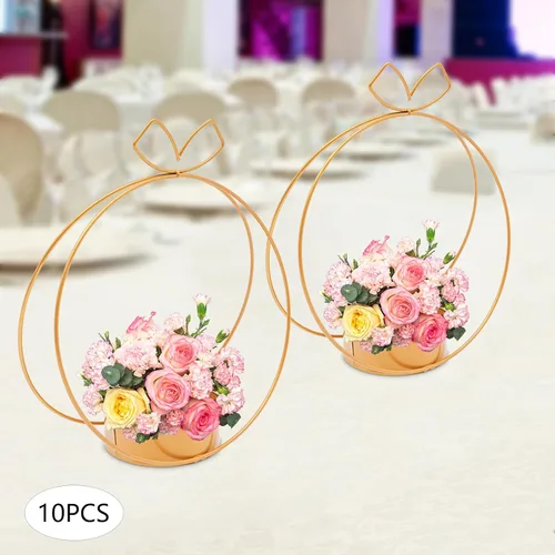 Vista 2 de Jarrones dorados para centros de mesa de boda, 10 piezas de centro de mesa de metal geométrico dorado, elegantes centros de mesa de boda para mesas