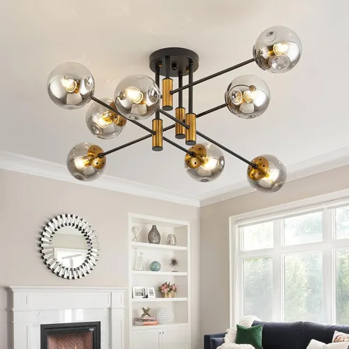 Vista 17 de DDLLDESHI Lámpara de araña de 6 luces dorada con cubierta esférica de vidrio Sputnik, lámpara de techo de 34" de gran tamaño para comedor, lámparas