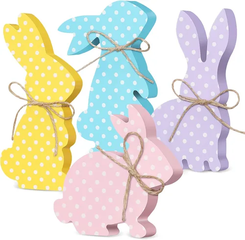 Vista 9 de 4 piezas de decoración de mesa de conejo de Pascua, letreros de madera con cuerda, decoración de conejo de primavera, decoración de bandeja