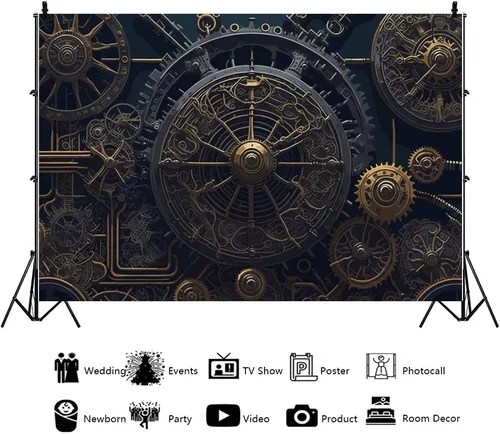 Vista 3 de YongFoto Telón de fondo antiguo steampunk de 5 x 3 pies, relojes de metal retro, esfera industrial mecánica para fotografía, telón de fondo