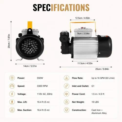 Vista 7 de 110V AC 16GPM 60L/min Bomba de transferencia de aceite, Bomba de aceite autocebante eléctrica, Bomba extractora de líquidos para diesel, queroseno