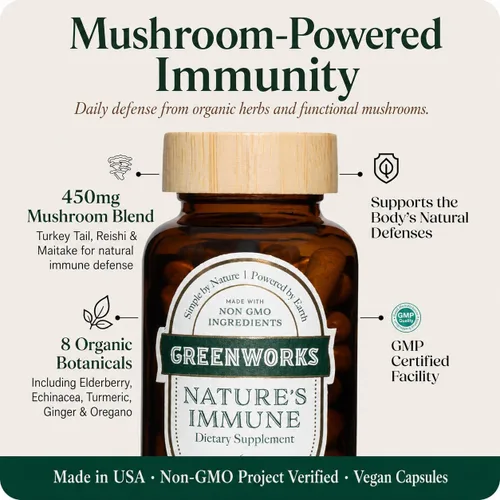 Vista 3 de Greenworks Nature's Immune Suplemento orgánico de apoyo inmunológico para adultos Mezcla diaria de saúco, equinácea, cúrcuma, jengibre y hongos