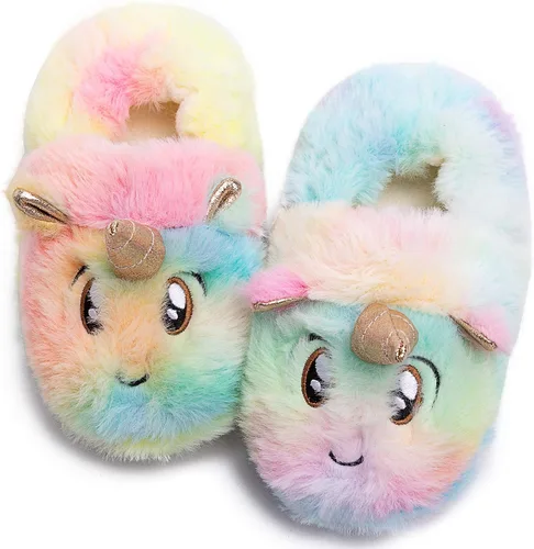 Vista 3 de Lindas pantuflas de unicornio mullidas y mullidas para el invierno, cálidas pantuflas de felpa de animales de dibujos animados para interiores