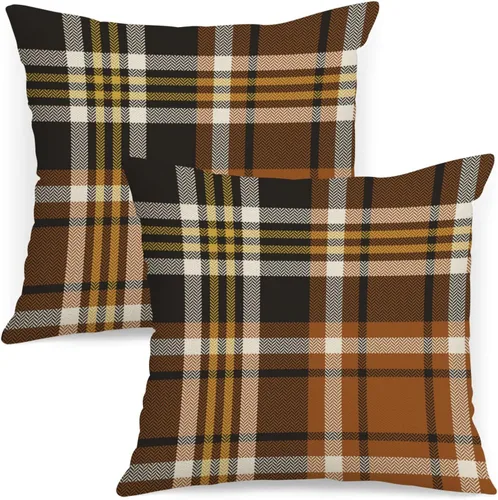 Vista 27 de AOFANGGO - Juego de 2 fundas de almohada de otoño decorativas de 16x16 pulgadas. Fundas de almohada de cuadros naranja y gris, cojines de lino