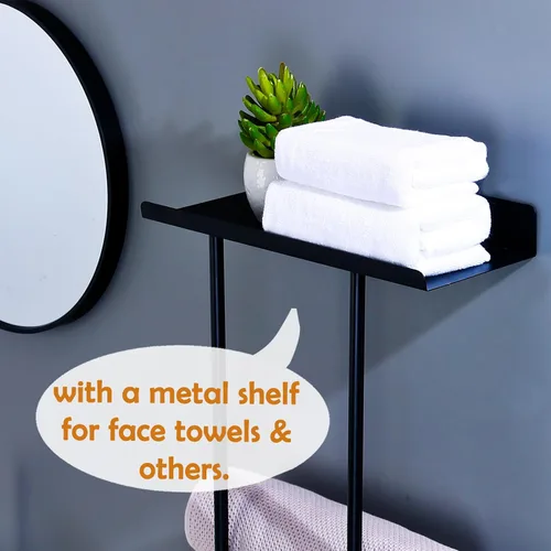 Vista 6 de Toallero de metal para colgar en la pared del baño, toallero de baño negro para almacenamiento de toallas de baño con ganchos para colgar y estante