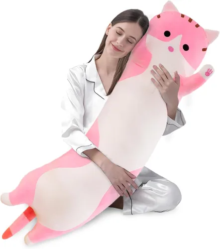 Vista 15 de shangman Bonita muñeca de gato de peluche, bonita almohada de peluche suave de caricaturas, almohada larga para dormir, regalo del día de San Negro