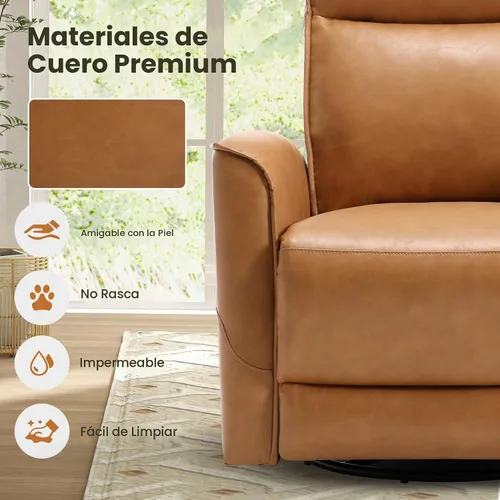Vista 8 de CANMOV - Silla reclinable de piel sintética, silla reclinable giratoria de 360°, reclinable manual para espacios pequeños, sala de estar Marrón