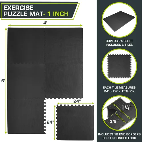 Vista 2 de ProsourceFit - Tapete de ejercicio extra grueso, azulejos entrelazados de espuma EVA para protección, suelo de entrenamiento acolchado, negro, 1
