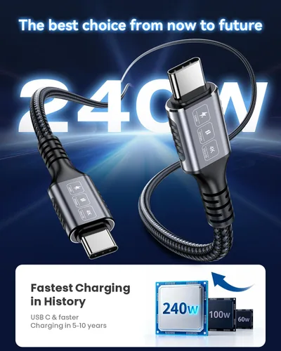 Vista 4 de Cable USB C a USB C de 20 pies, carga rápida de 240 W, datos de 20 Gbps Cable USB C a USB C de 240 W y 20 pies (negro)